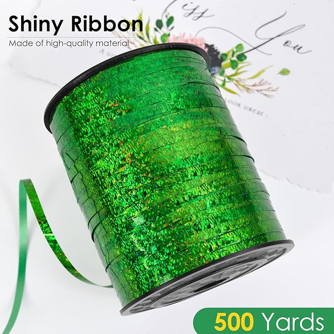 Green Curling Ribbon 500 Yard, Shiny Metallic for Gift Wrapping, Balloon String, 3/16" Thin Gift Ribbon for Florist Flower