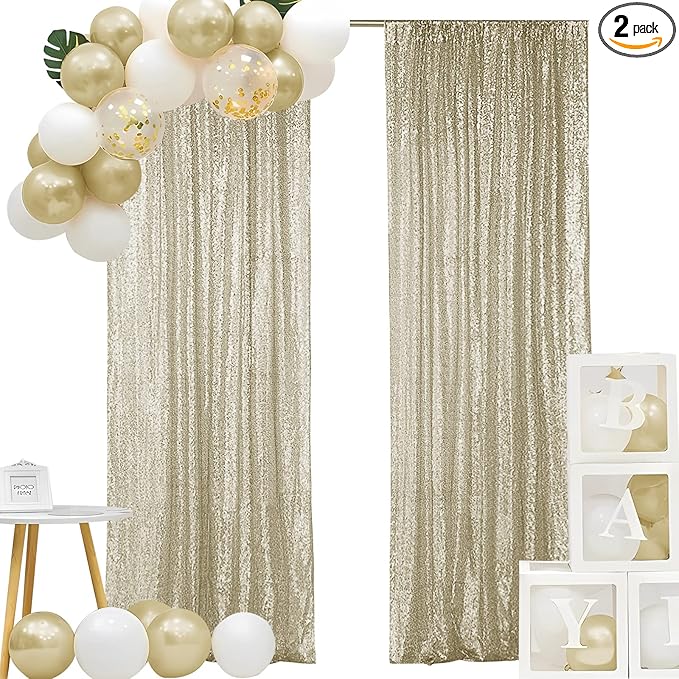 Hahuho Champagne Sequin Backdrop Curtain, 2PCS 2FTx8FT Glitter Backdrop Curtain for Parties, Christmas, Wedding, Party Decoration（2 Panels, 2FT x 8FT, Champagne