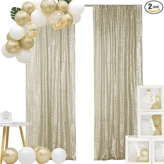 Hahuho Champagne Sequin Backdrop Curtain, 2PCS 2FTx8FT Glitter Backdrop Curtain for Parties, Christmas, Wedding, Party Decoration（2 Panels, 2FT x 8FT, Champagne