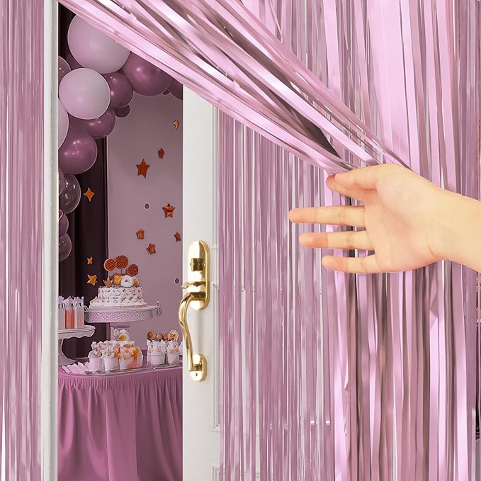2 Pack Metallic Light Pink Fringe Backdrop, 3.2x8.2ft Shining Foil Tinsel Curtains, Birthday Party Decorations Door Streamers for Halloween, Christmas, Wedding, Graduation, Holiday, Theme Events