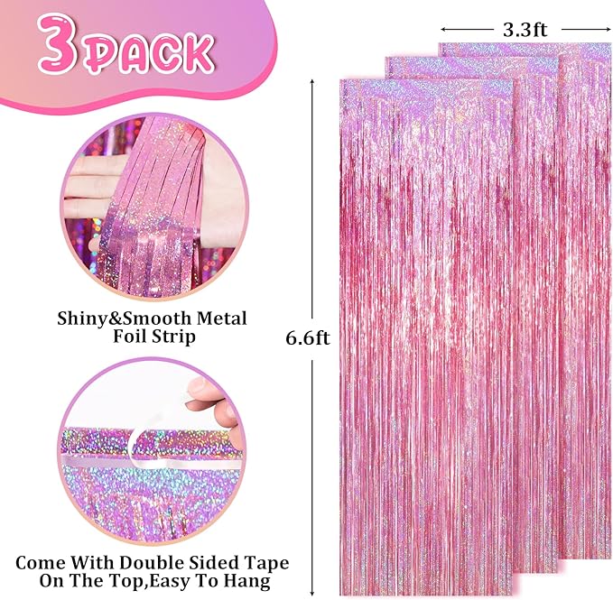 3 Pack 3.3 x 6.6 ft Pink Foil Fringe Backdrop Curtains, Tinsel Streamers Party Decorations, Fringe Backdrop for Birthday, Baby Shower, Gender Reveal, Graduation
