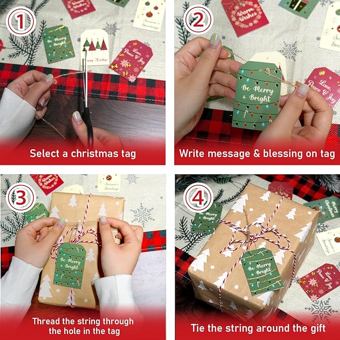 Christmas Gift Tags with String, 96 Pcs Christmas Hanging Tags Label Gold Foil Xmas Present Tag for DIY Xmas Holiday Present Wrapping Decorations, 6 Styles