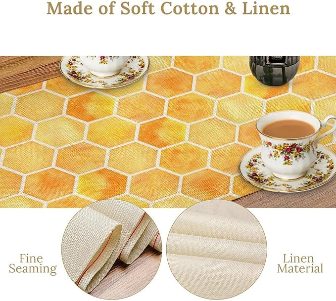 Honeycomb Bee Table Runner, Cute Abstract Geometric Yellow Honeycombs Print Table Cover for Kitchen Dining Table Indoor Outdoor Party Decor, 13x108inch