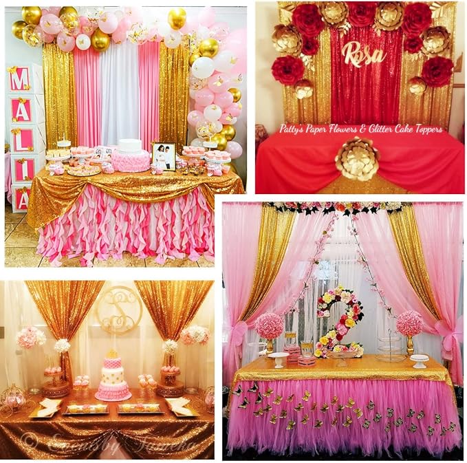 Poise3EHome 2Pcs 3Ft x 8Ft Gold Sequin Backdrop Curtain, Glitter Photography Background, Sequence Xmas Thanksgiving Backdrop for Wedding Party Holiday Festival Decor