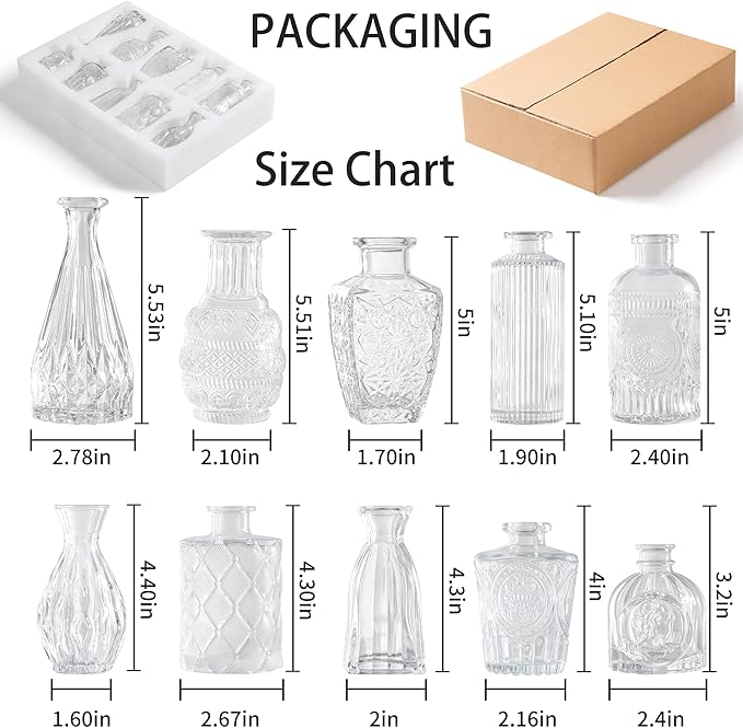 Vintage Small Vases for Flowers Set of 10, Mini Bud Vases for Flowers,Clear Small Vases in Bulk for Centerpieces Decorations,Wedding Party Home Coffee Table Flower Decor (Clear)