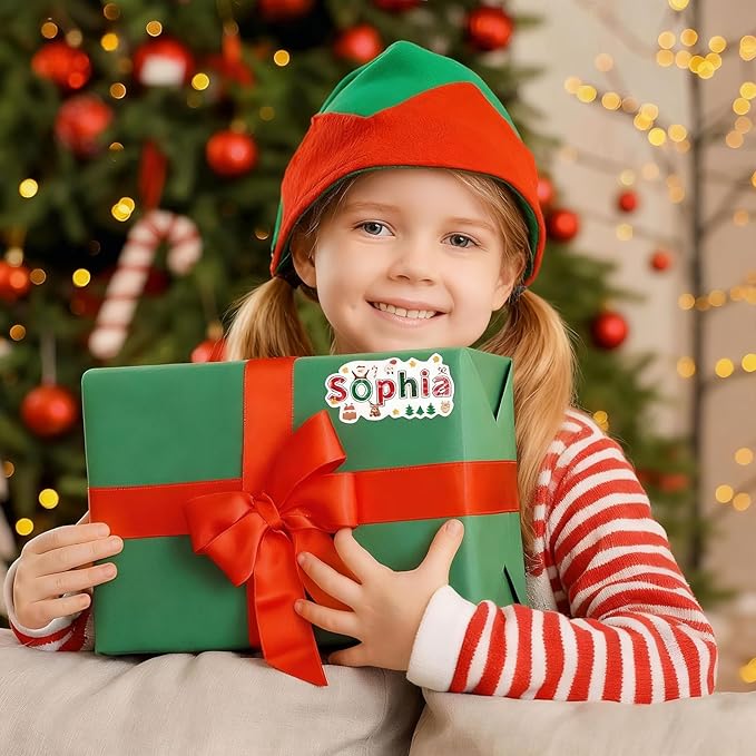 Personalized Christmas Name Tag Stickers, Custom 28 Pcs Christmas Theme Tags Stickers for Gifts Box Wrapping, Xmas Gifts Decorations for Family Friends