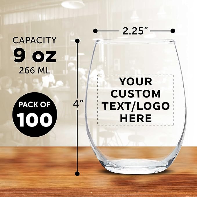 Custom Stemless Wine Glass 9 oz. Set of 100, Personalized Bulk Pack - Great for Wedding Favors, Bachelorette Party Decorations, Party Favors, Color Bottom - Clear
