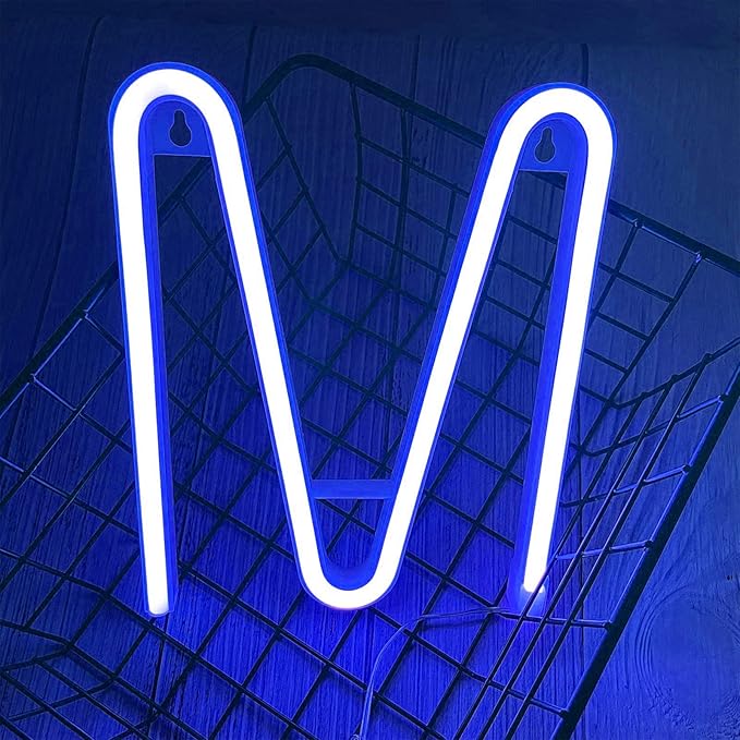 LED Blue Neon Letter Signs Night Light Battery or USB Operated LED Marquee Letters Neon Art Decorative Lights Wall Decor for Children Baby Room Christmas Wedding Party Decoration(M)
