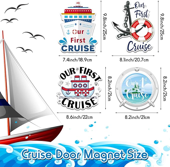Hoteam 4 Pcs Our First Cruise Door Decorations Magnetic Large First Cruise Ship Door Magnets Funny Waterproof Nautical Magnets for Carnival Cabin Stateroom Fridge Car