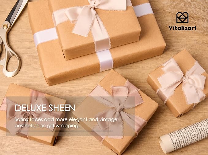 Vitalizart Silk Like Satin Ribbon 1 inch x 25 Yard Nude & White Handmade Frayed Ribbons for Gift Wrapping Baby Shower Wedding Bridal Bouquets Holiday Decor