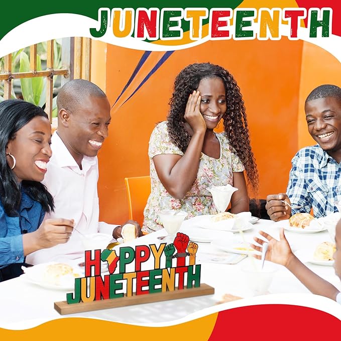 Happy Juneteenth Metal Sign Rustic Table Decor Holiday Tiered Tray Decor with Wooden Base Freestanding Metal Word Sign for Home Tabletop Centerpiece Mantel Shelf Fireplace