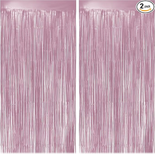 2 Pack Metallic Light Pink Fringe Backdrop, 3.2x8.2ft Shining Foil Tinsel Curtains, Birthday Party Decorations Door Streamers for Halloween, Christmas, Wedding, Graduation, Holiday, Theme Events