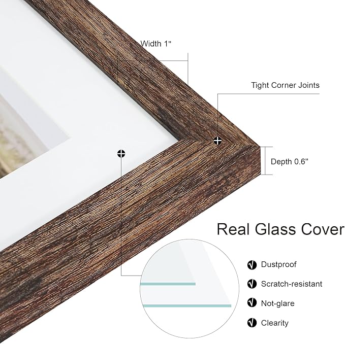 12x12 Picture Frame Set of 2, Rustic Brown Wood Frame with Glass Collage Frame, Display Pictures 4-4x6 With Mat or 12 x 12 Without Mat,Square Photo Frames Collage for Wall Hanging or Tabletop