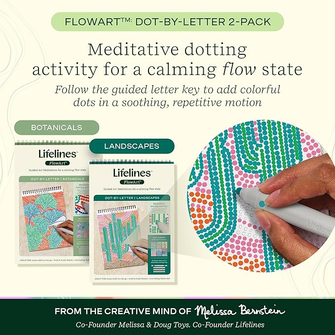 Lifelines FlowArt Activity Pad, 2-Pack - Guided Dot Art Meditations with Markers - Dot-by-Letter, Botanicals & Landscapes - Color by Number/Letter Coloring Books for Teens, Adults & Seniors