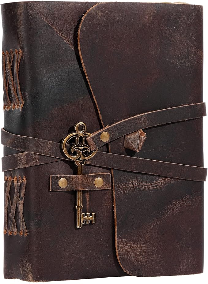 Leather Journal with Lined and Unlined Deckle Edge Paper 8x6 inch and Vintage Key | Handmade Writing Notebook Diary | Bound Daily Notepad for Men & Women Medium, Sketch/Writing pad for Artists