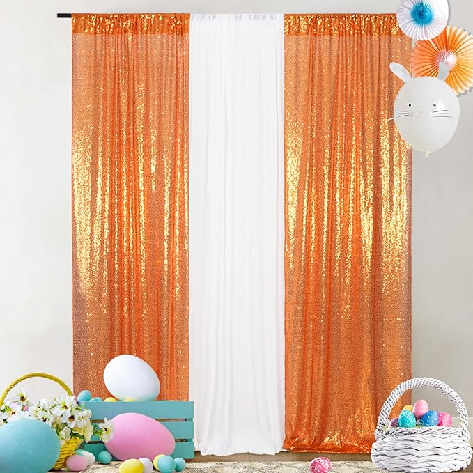 SquarePie Sequin Backdrop Curtain 2FTx8FT Orange 2pcs Background for Halloween Thanksgiving Party Decoration