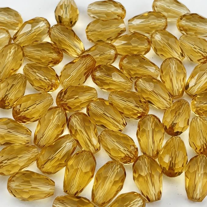 100pcs 8x12mm Teardrop Crystal Glass Beads for Jewelry Making, Faceted Vertical Hole Teardrop Glass Spacer Beads for Wind Chimes Bracelet Earring Necklace DIY Craft(Gold Champagne)