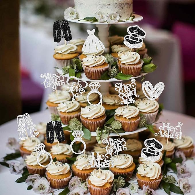 Gyufise 30Pcs She Said Yes Cupcake Toppers Glitter Diamond Ring I Do Love Cupcake Picks Miss to Mrs He Asked Bridal Shower Wedding Engagement Bachelorette Cake Decoration Silver