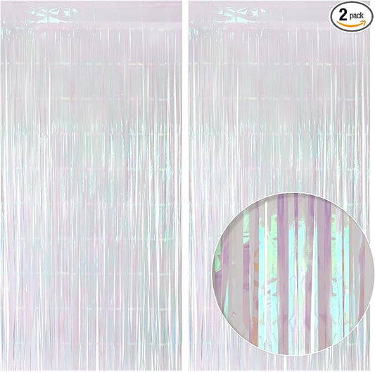 2 Pack White Iridescent Streamers Backdrop, 3.3x6.6ft Foil Fringe Curtains Silver Holographic Door Tinsel Streamers for Birthday, Wedding, Holiday, Bachelorette, Theme Party Decorations