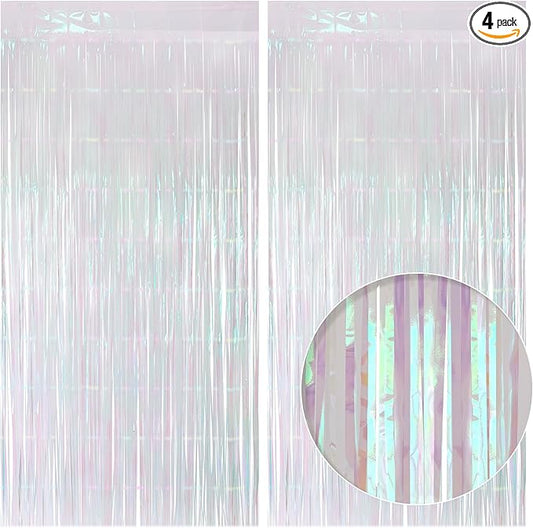 4 Pack White Party Streamers Backdrop Curtains, 3.3x8.2ft Holographic Tinsel Foil Curtain Photo Booth Props for Birthday, Wedding, Holiday Celebration, Bachelorette, Theme Decorations