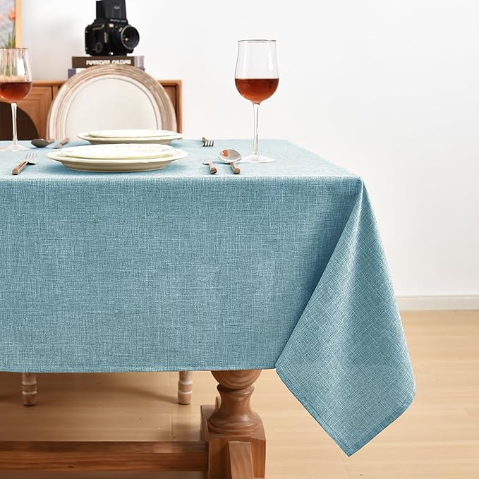 Fitable Faux Linen Tablecloths Rectangle 60 x 102 Inch - 2 Pack Waterproof Table Clothes for 6 Foot Tables, Turquoise Flax Look Table Covers for Farmhouse, Dining, Party, Banquet, Buffet