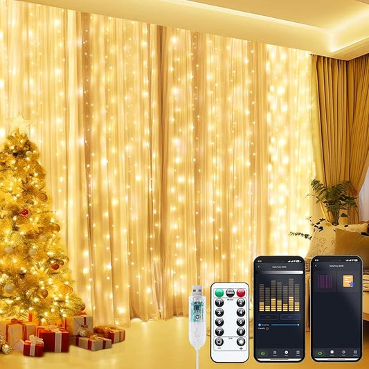 Brightown Smart Curtain Lights - 9.8ft 300 LED Window Smart String Light with APP and Remote, 8 Modes, USB Plug in, Waterproof Fairy Lights for Bedroom, Indoor, Weddings, Party, Christmas Decorations