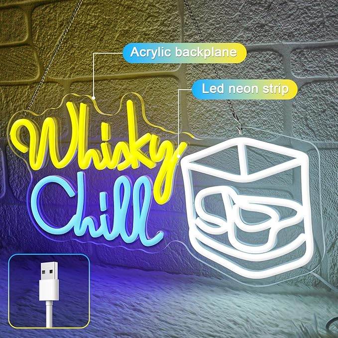 Whisky Chill Neon Sign,Neon Signs for Wall Decor,Whisky Bar Sign,LED Neon Light for Wall Decor,Dimmable Whisky Light Up Signs for Home Bar,Party,Neon Bar Sign for Man Cave
