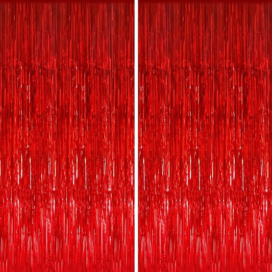 GOER 3.2 ft x 8.2 ft Metallic Tinsel Foil Fringe Curtains,Party Streamer Backdrop for Birthday,Graduation Decorations and New Year Eve (2 Packs,Red)