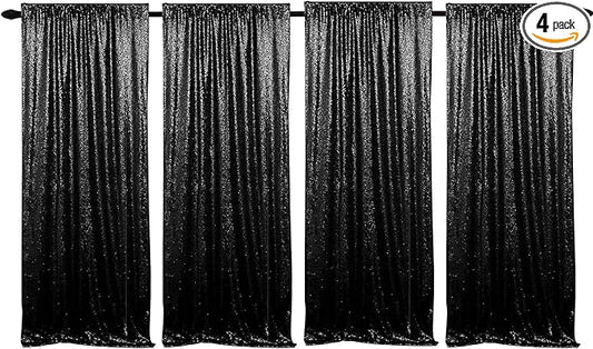 JYFLZQ Black Sequin Backdrop Curtains 2ft x 8ft 4 Panels Glitter Photo Booth Backdrops Sparkly Photography Background Drapes for Halloween Father's Day Graduation Birthday Parties