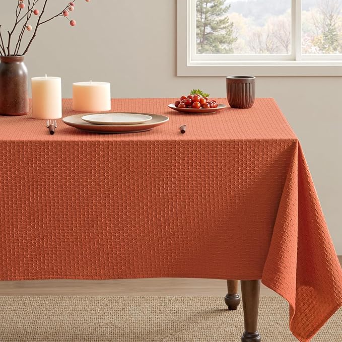 MIULEE Fall Tablecloth Burnt Orange Linen Cottton Table Cloth Rectangle Waterproof Spillproof Cross-Star Textured Decorative Farmhouse Style for Dining Party Weddings 52x70 Inch