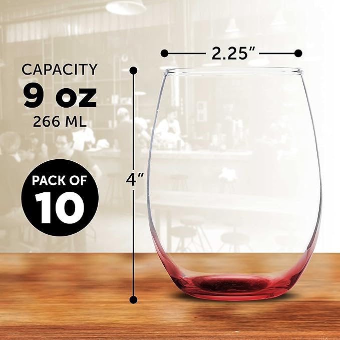 DISCOUNT PROMOS Stemless Wine Glass 9 oz. Set of 10, Bulk Pack - Great for Wedding Favors, Bachelorette Party and More - Red Bottom Color