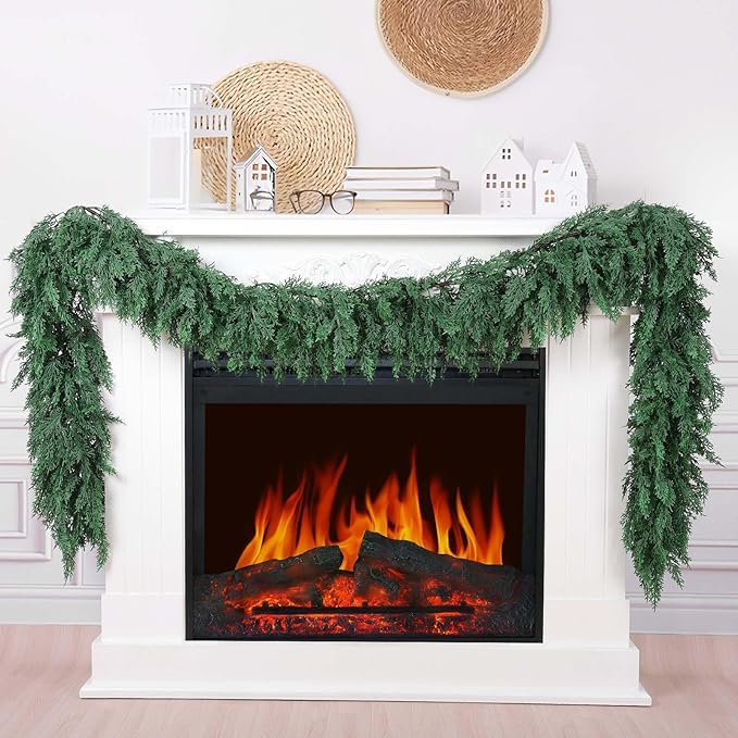 Hananona 9 FT Artificial Cedar Garlands, Real Touch Winter Cedar Pine Garland, Green Artificial Greenery Garland for Table, Mantle, Wall, Indoor, Outdoor Christmas Decorations (1, 9 FT)