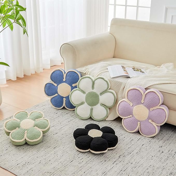Flower Pillow, Soft Flower Decorative Throw Pillow, Cute Daisy Flower Shaped Seating Floor Cushion Room Décor Plush Pillows for Sofa Couch Bed (17.7 Inch, Black)