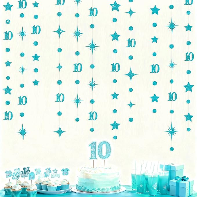 Teal Blue 10th Birthday Decorations Number 10 Circle Dot Star Garland Glitter Streamer Banner Backdrop for Girls Boys Double Digits Cheers to 10 Years Old Birthday 10th Anniversary Party Supplies
