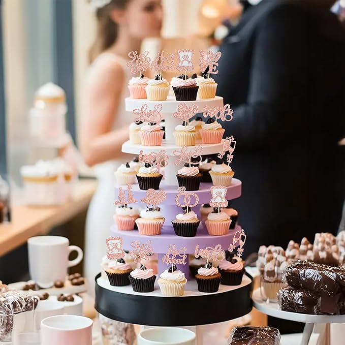 Ephlyn 30Pcs He Asked She Said Yes Cupcake Toppers Glitter Engagement Cupcake Toppers Diamond Ring Heart Love I Do Cupcake Picks for Engagement Wedding Party Cake Decorations Rose Gold
