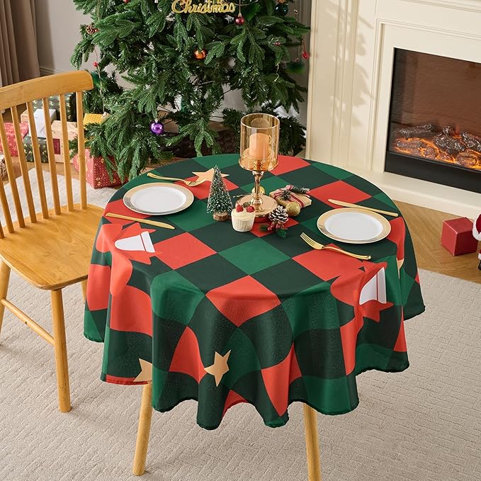 Christmas Tablecloth Round 60 Inch Waterproof, Machine Washable Checkered Polyester Table Cover for Xmas Party, Winter Holiday Home Decoration in Festive Checkered Star 1pack