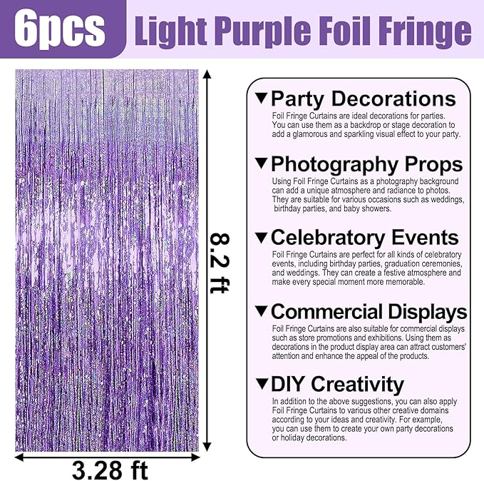 6 Pack Light Purple Foil Fringe Curtain Backdrop, 3.28Ft x 8.2Ft Metallic Tinsel Foil Fringe Streamer Curtains for Photo Booth, Christmas Day, New Year, Wedding Party Decorations