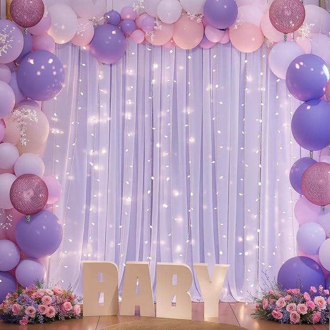 10ft x 10ft Lavender Chiffon Backdrop Curtain with Lights String for Parites Wedding Wrinkle Free Curtain Photo Backdrops Drapes for Baby Shower Birthday Party Home Decorations