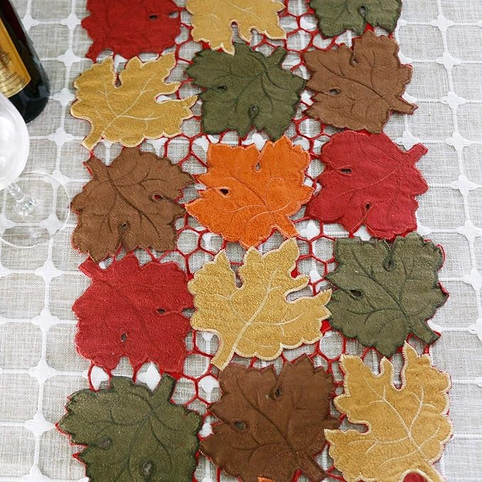OWENIE Fall Table Runner 36 Inches Long, Short Small Thanksgiving Table Runner for Coffee Table, Embroidered Cutwork Harvest Leaves Autumn Farmhouse Kitchen Decorations , 13 x 36 Inches