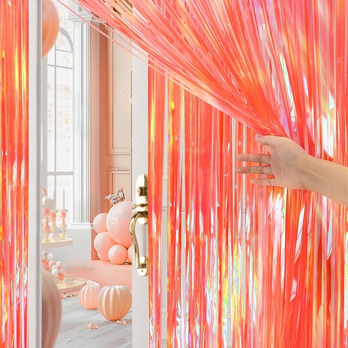2 Pack Orange Party Streamers Backdrop Curtains, 3.3x8.2ft Holographic Tinsel Foil Curtain Photo Booth Props for Birthday, Wedding, Holiday Celebration, Bachelorette, Theme Decorations