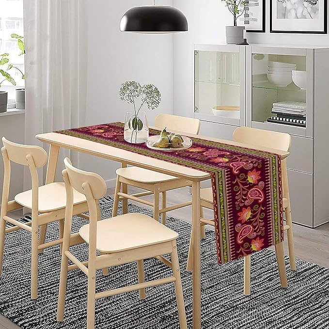 Dark Red Paisley Table Runner, Vintage Boho Paisley Flowers Geometric Print Table Cover for Farmhouse Wedding Party Home Kitchen Dining Table, 13x36inch