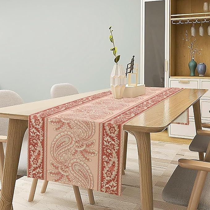 Pink Paisley Table Runner, Abstract Vintage Boho Paisley Flowers Leaves Print Table Runner for Home Kitchen Dining Room Wedding Party Decor, 13x108inch