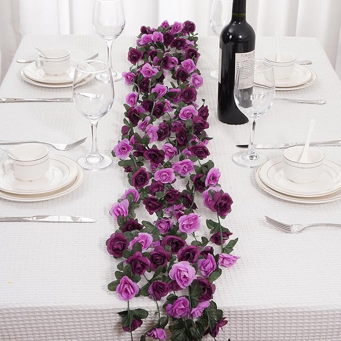 10 Pcs 82FT Flower Garland, Artificial Rose Garland Flowers Plants Fake Flower Hanging Rose Ivy, Birthday Party Valentine's Day Wedding Wall Arch Decor（Purple）