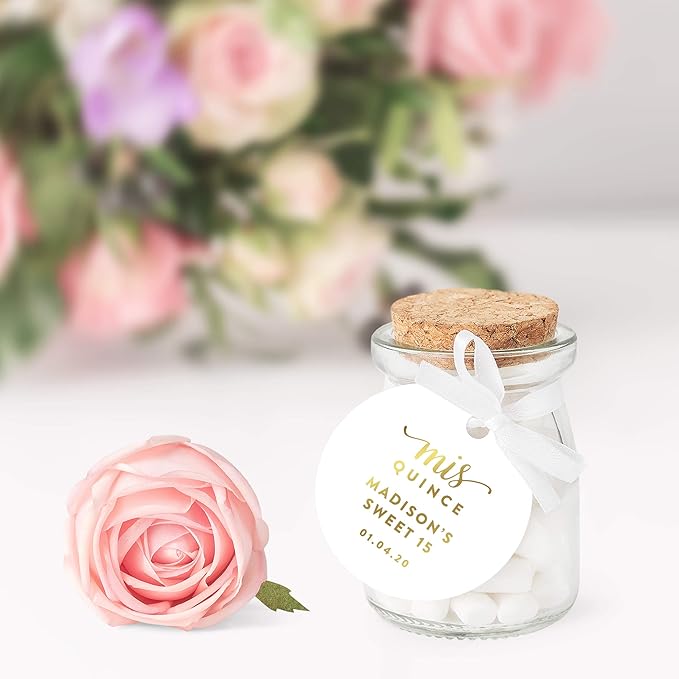 Andaz Press Personalized Round Circle Birthday Gift Tags, Metallic Gold Ink, Sweet 15 Birthday, Mis Quince Quinceanera, 24-Pack, Custom Made Name, Gold Party Supplies