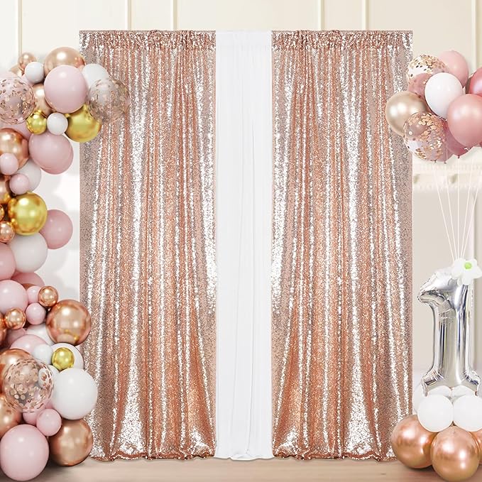 Sequin Backdrop Curtain Eternal Beauty Valentine's Day Glitter Panel Background for Wedding Party Decor (2 Packs, W3 x H7FT,Rose Gold)