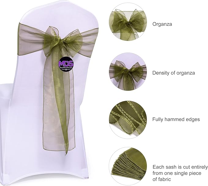 MDS Pack of 50 PCS Organza Chair Sashes Wider Dining Chair Bows Ribbon Tie Back for Wedding Party Birthday Bridal Shower Reception Event Banquet Home Chair Cover Decoration - Olive Green