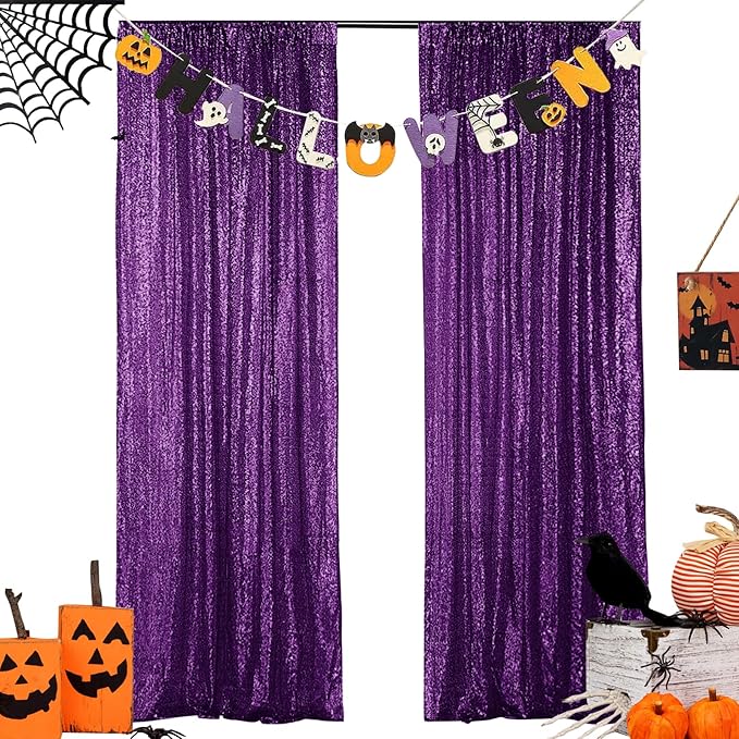 Hahuho Purple Sequin Backdrop Curtain, 2PCS 2FTx8FT Glitter Backdrop Curtain for Parties, Christmas, Wedding, Party Decoration（2 Panels, 2FT x 8FT, Purple