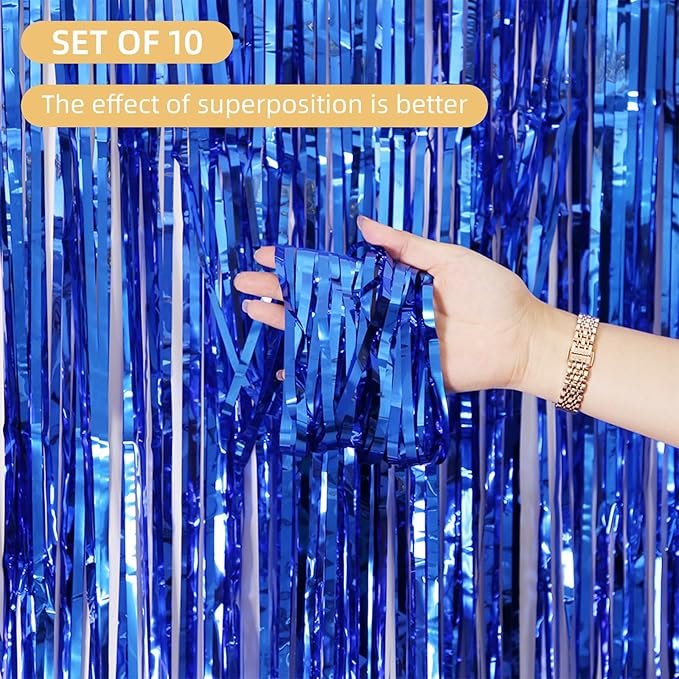10 Pack Blue Backdrop Curtain 3.2ft x 8.2ft Metallic Tinsel Foil Fringe Curtains Photo Booth Background for Birthday Party Decoration Baby Shower Engagement Wedding Christmas Decoration (Blue)