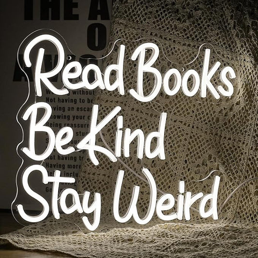 Read Books Be Kind Stay Weird Neon Sign Letter LED White Neon Lights Dimmable USB Powered 14.17’’X13’’Cool Wall Decorative Light Bedroom Bar Birthday Party Decoration Gifts （White)