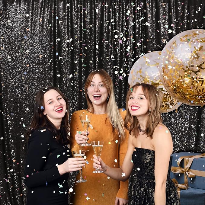PartyDelight Black Sequin Backdrop Sparkly Photography Glitter Back Drop Curtain Special Events Party 6Ftx6Ft